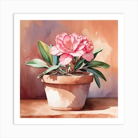 Watercolor Flower In A Pot, desert rose in a plain shallow terracotta Art Print
