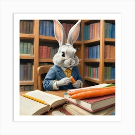 Rabbit In A Library 1 Art Print