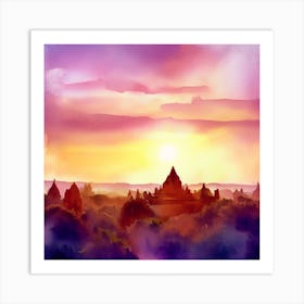 Watercolor sunset In Bagan 2 Art Print