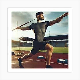 An Athlete Throwing A Javelin On A Sports Field 4 Art Print