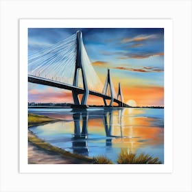 Sunset over the Arthur Ravenel Jr. Bridge in Charleston. Blue water and sunset reflections on the water. Oil colors.4 Art Print