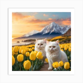 Two Cats In Yellow Tulips Art Print