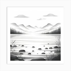 A Serene Charcoal of A Tranquil Lakeside With mountains Art Print