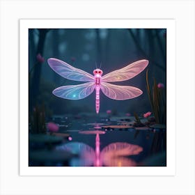 A Dreamy Dragonfly With Wings Of Cascading, Neon Light Hovering Over A Surreal Pond Art Print