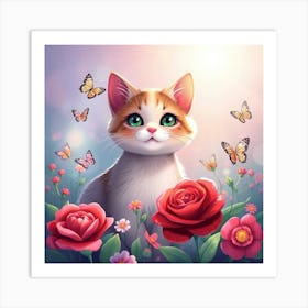 Cat With Roses And Butterflies Art Print