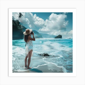 Woman Taking A Photo On The Beach Art Print