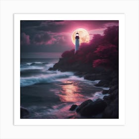 Full Moon Over Lighthouse Landscape Art Print
