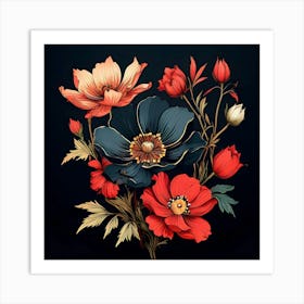 Flowers On Black Background 1 Art Print