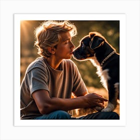 Boy Kissing Dog Art Print