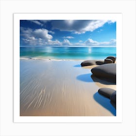 White Clouds, Turquoise Blue Sea, Sandy Beach Art Print