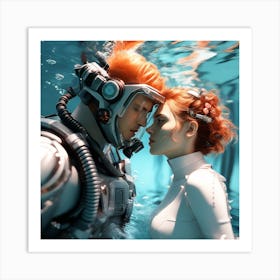 3d Dslr Photography Couples Inside Under The Sea Water Swimming Holding Each Other, Cyberpunk Art, By Krenz Cushart, Both Are Wearing A Futuristic Swimming With Helmet Suit Of Power Armor 1 Art Print