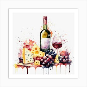 Wine And Cheese Watercolor Painting Art Print