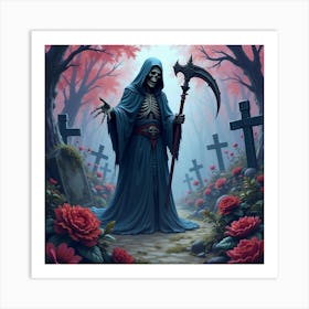 Soul Reaper In A Hauntingly Colorful Watercolor Graveyard 1 Art Print