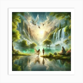 Couple Walking By A Waterfall Art Print