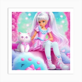 Beautiful Girl With White Cat Art Print