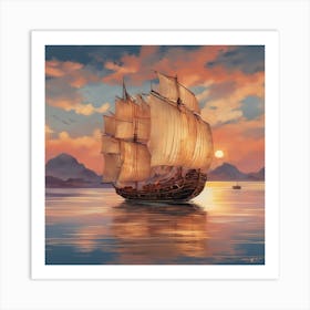 An Intricately Designed And Visually Stunning Illustration Of A Traditional Chinese Junk Boat Sailin (2) Art Print