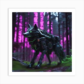 Wolf In Forrest Neon Ambiance Abstract Black Oil Gear Mecha Detailed Acrylic Grunge Intricate Art Print