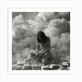 Girl Reading Books In The Clouds Art Print