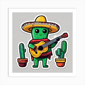 Cactus Wearing Mexican Sombrero And Poncho And Guitar Sticker 2d Cute Fantasy Dreamy Vector Ill (63) Art Print