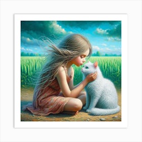 Little Girl And White Cat Art Print