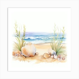 Watercolor Sea Shells On The Beach Art Print