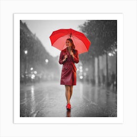 Woman In Red Coat Walking In Rain Art Print