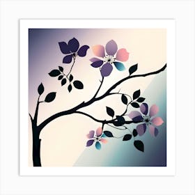 Branch With Flower, Purple, Coral & Turquoise Pastel Art Print