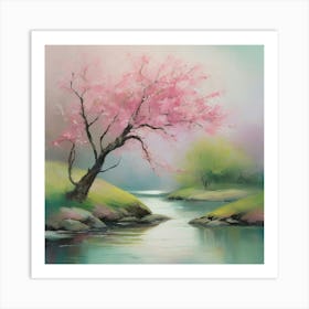 Cherry Blossom Tree By The River Art Print