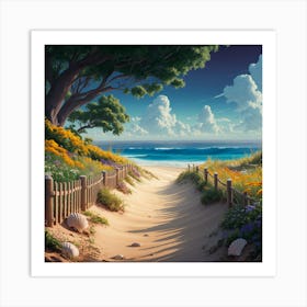 Tranquil Shores: A Serene Beachscape with Vibrant Wildflowers 2 Art Print