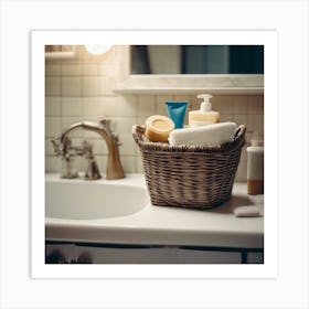 Bathroom and basket of soaps Art Print