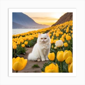 White Cat in Tulips Garden Art Print