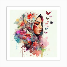 Watercolor Floral Muslim Arabian Woman #4 Art Print