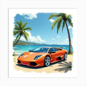 Lamborghini Murciélago In A Watercolor Vibrant Coastal Setting 1 Art Print