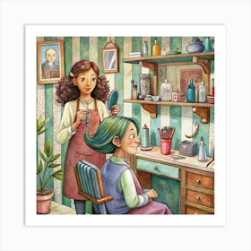 Woman Cutting Hair In A Vintage Barbershop Art Print