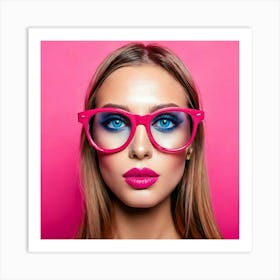 Firefly Blue Eyes, Fashion, Pink Glasses, Pink Lips, Pink Background, Glass Lens, Stylish, Vibrant, (8) Art Print