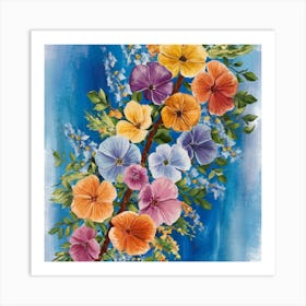 Flowers On A Branch Hand painting of a branch with blue, and other colors flowers. All the flower colors are harmoniously matching., painting Art Print