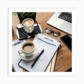 Desk With Coffee And Notebook 1 Art Print