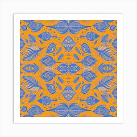 Neon Vibe Abstract Peacock Feathers Orange And Blue Art Print