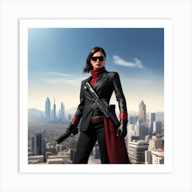 The Image Depicts A Woman In A Black Suit And Helmet Isstanding In Front Of A Large, Modern Cityscape 3 Art Print