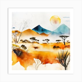 African Landscape Watercolor Painting Art Print