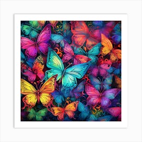 Colorful Butterflies On A Black Background 1 Art Print