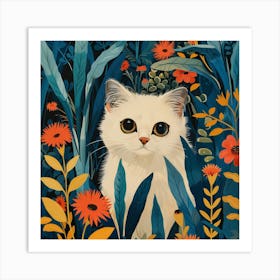 William Morris Inspired White Kitten in the Garden Art Print