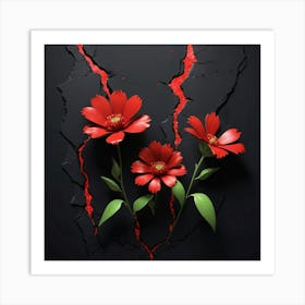 Red Flowers On A Cracked Wall 2 Art Print