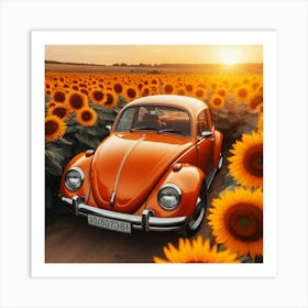 Vintage Vw Beetle In Sunflower Field Art Print