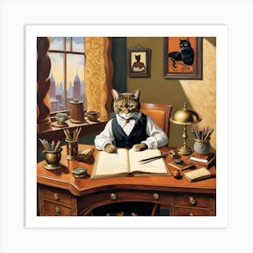 Cat At The Desk 1 Art Print