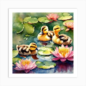 A Cute Little Ducks In The Water Art Print