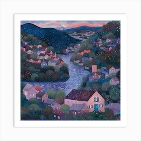 Riverside At Night, Tiny Dots, Pointillism Art Print