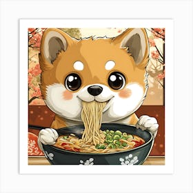 Japanese Dog Eating Noodles Art Print