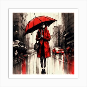 Rainy Day In A Busy City, Woman With Red Umbrella, Red, Charcoal Colors, Mixed Emotions Art Print