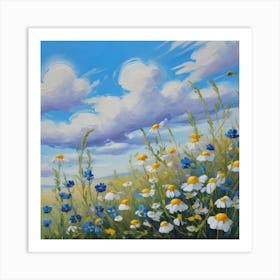 Beautiful Field Meadow Flowers Chamomile Blue Wild Peas In Morning Against Blue Sky With Clouds Nature Landscape Close Up Macro Wide Format Copy Space Delightful Pastoral Airy Artistic Image 1 Art Print